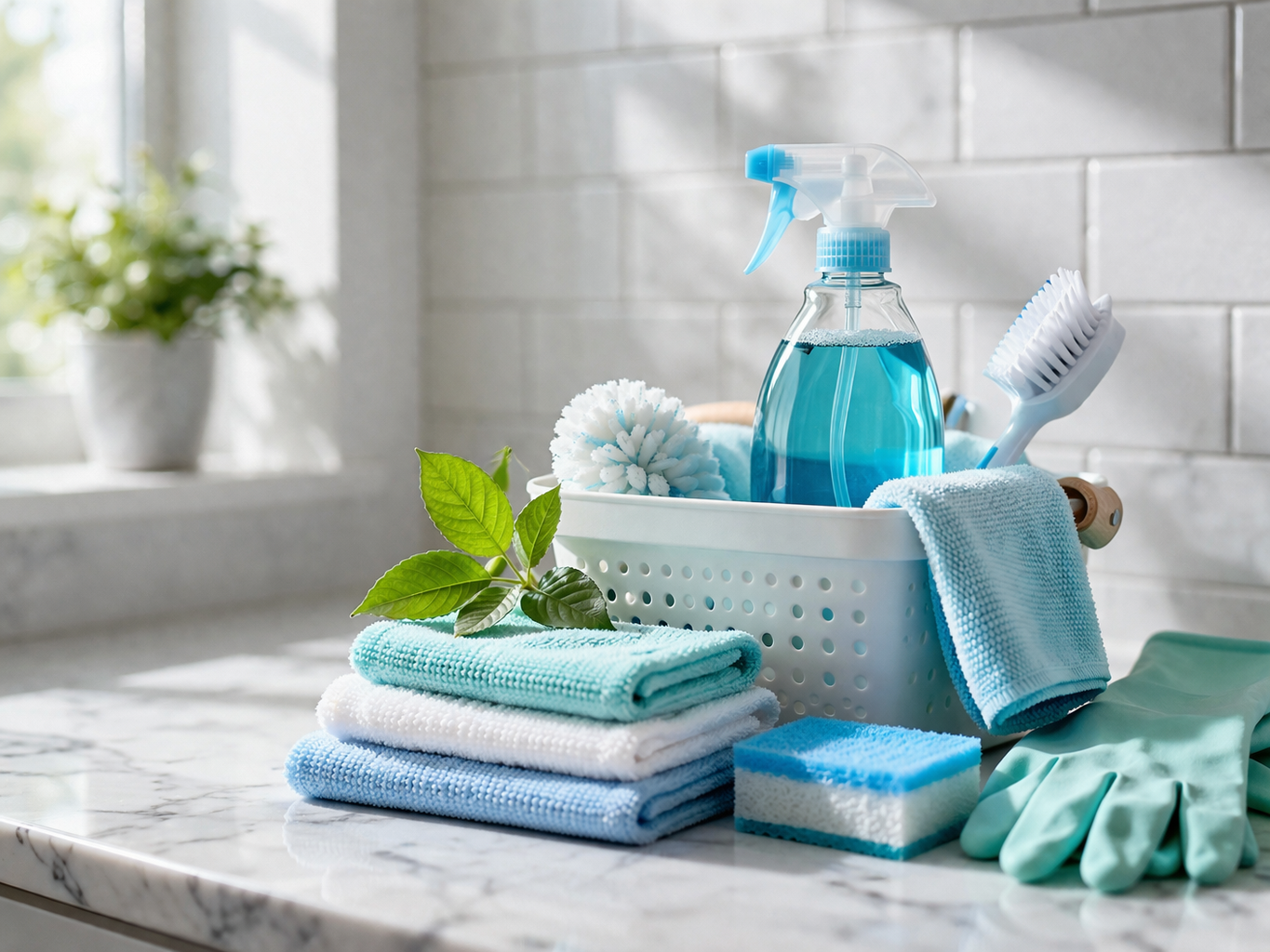 Cleaning supplies arranged neatly on a marble countertop